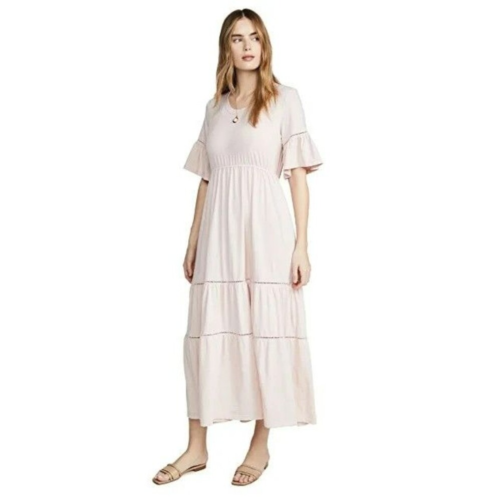 Sundry Ladder Tiered Midi Dress sz 1 XS Rosewood Cotton Crochet Trim Bell Sleeve